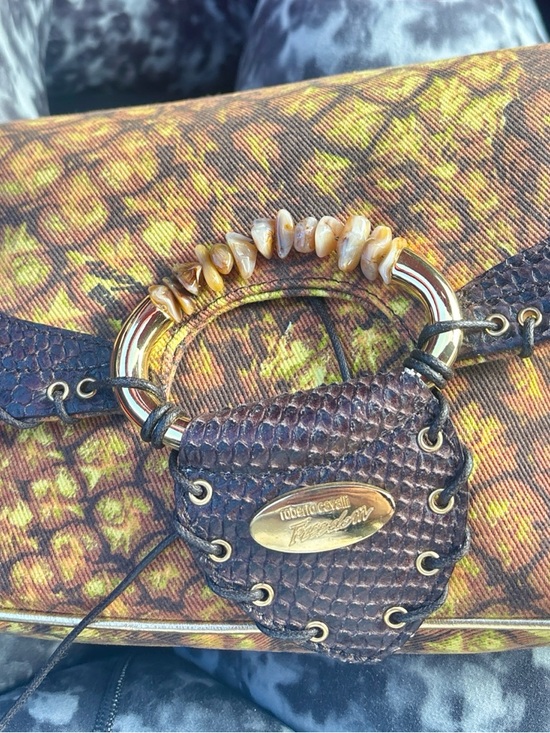 Roberto Cavalli Snakeskin Trim Canvas Shoulder Bag Y2K Statement - Picture 3 of 3